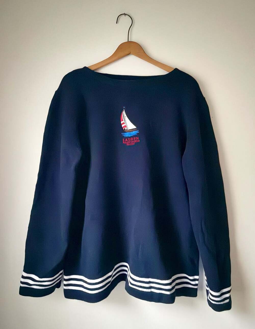 Vintage Ralph Lauren Sailboat Knit Sweater XL Boatneck Nautical Navy Striped